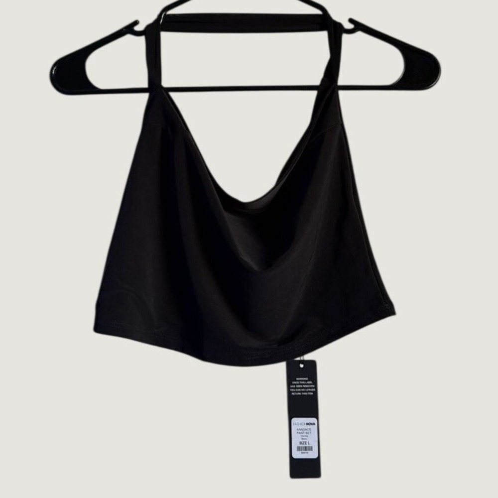 Fashion Nova Kandace Pant Set Top Black Halter Cowl Neck Crop Top NWT Large
